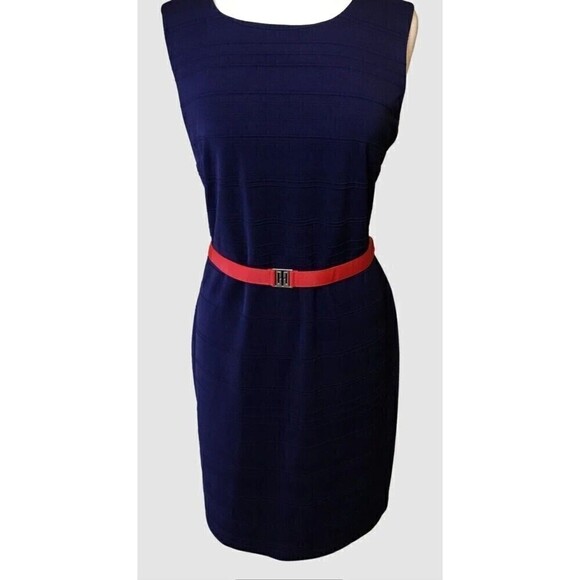 NWT Tommy Hilfiger Navy Sleeveless Dress Red Grosgrain Logo Snap Belt Ladies 16 - Picture 1 of 12